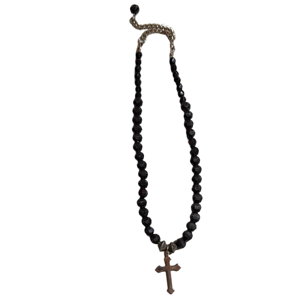 Black Beaded Necklace with Cross Pendant